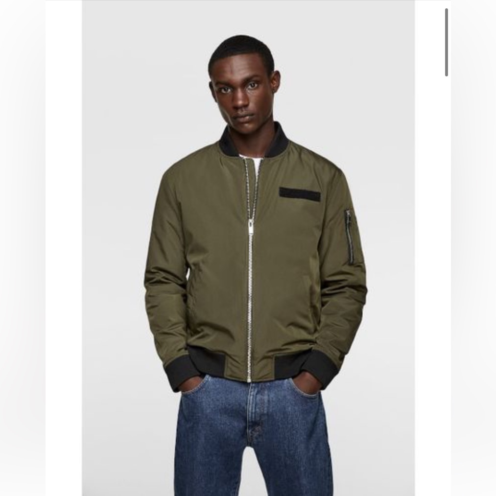Zara Men’s Bomber Jacket Army Green Nylon Full Zip Size Xl